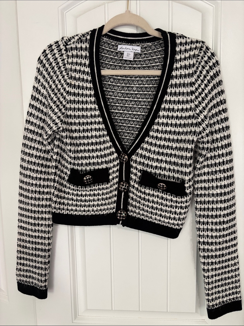 London Kaye Black & White Houndstooth V-Neck Cardigan Sweater